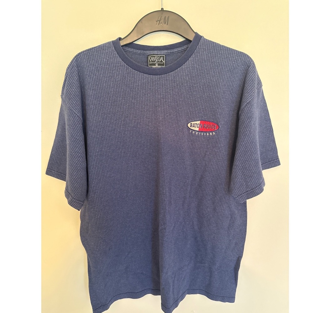 Vintage Sansegal Sportswear Baton Rouge Louisiana Waffle Knit T-Shirt XL Blue